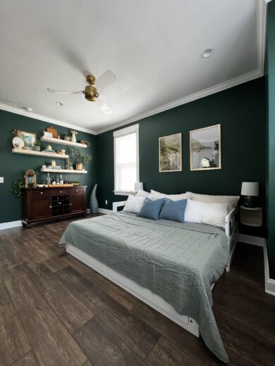 A gold and green guest bedroom makeover