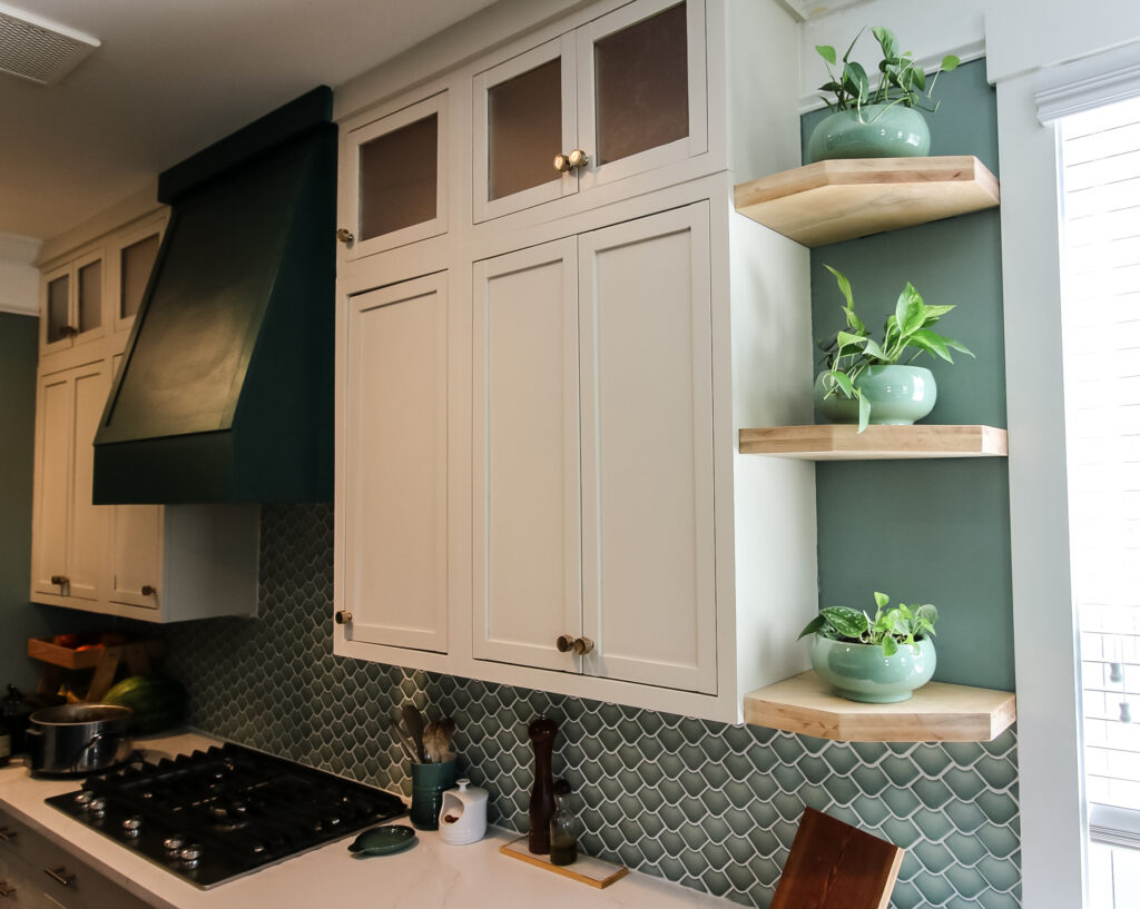 Renovated kitchen with floating shelves