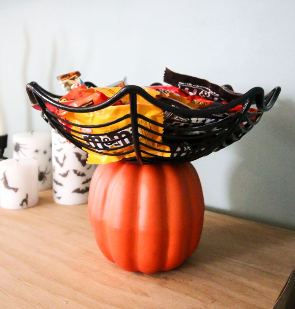 easy pumpkin spiderweb candy bowl halloween with candy