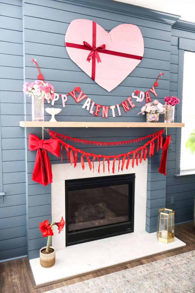 giant heart wall hanging on valentines day mantel