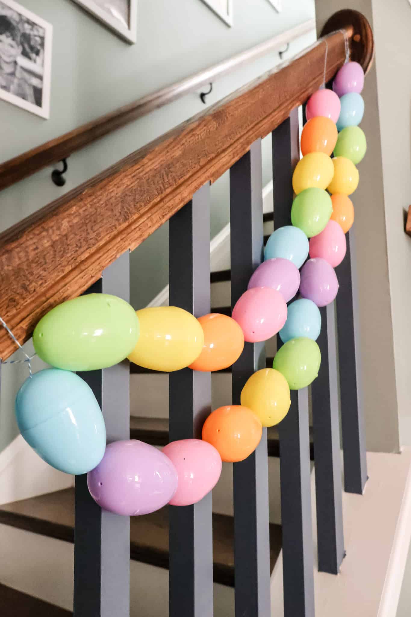 easter egg garland on our stairs