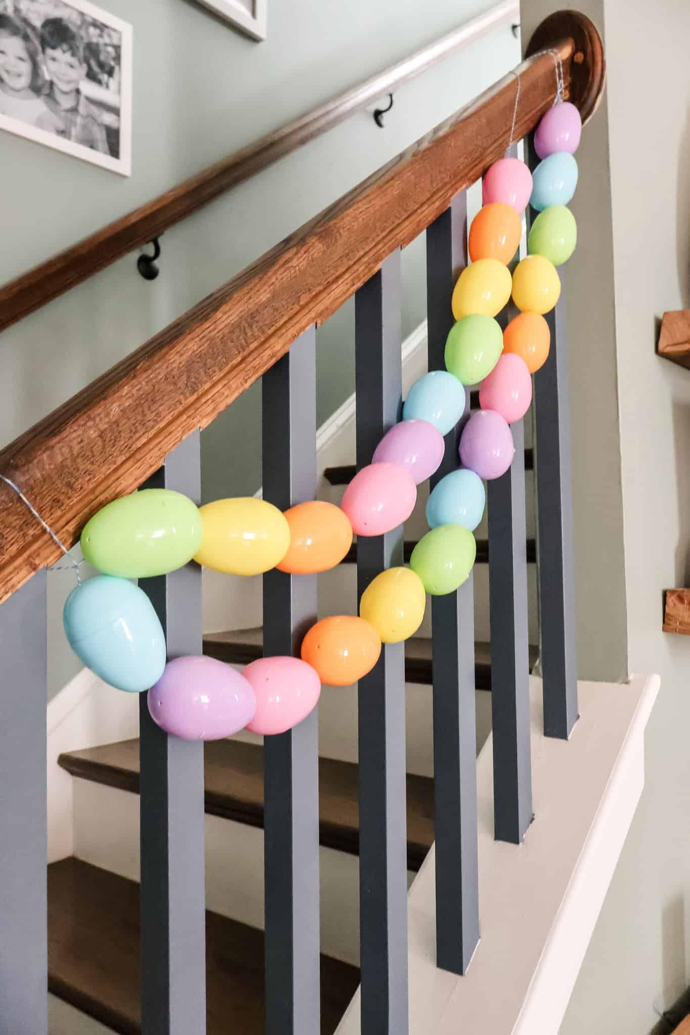 easter egg garland on our stairs